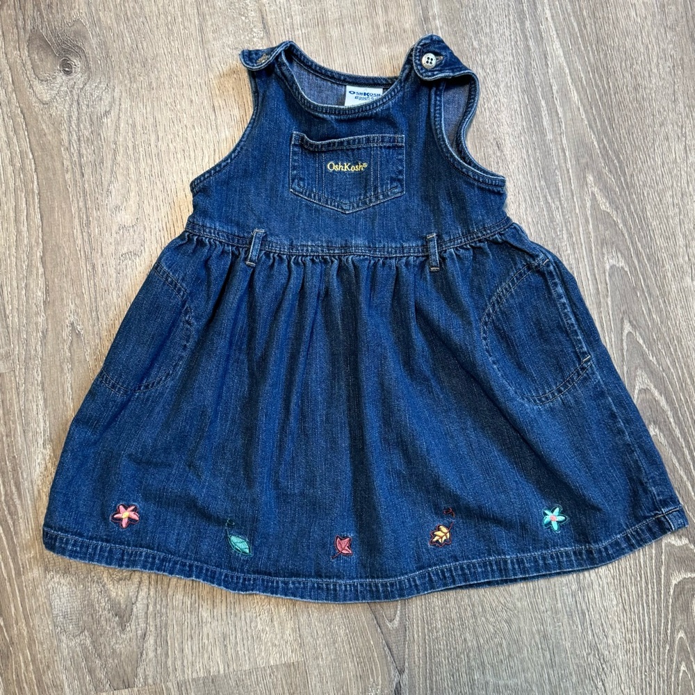 Vintage 90s Oshkosh Denim Overalls Dress 3T Embroidered Leaves Trust Tide Tag